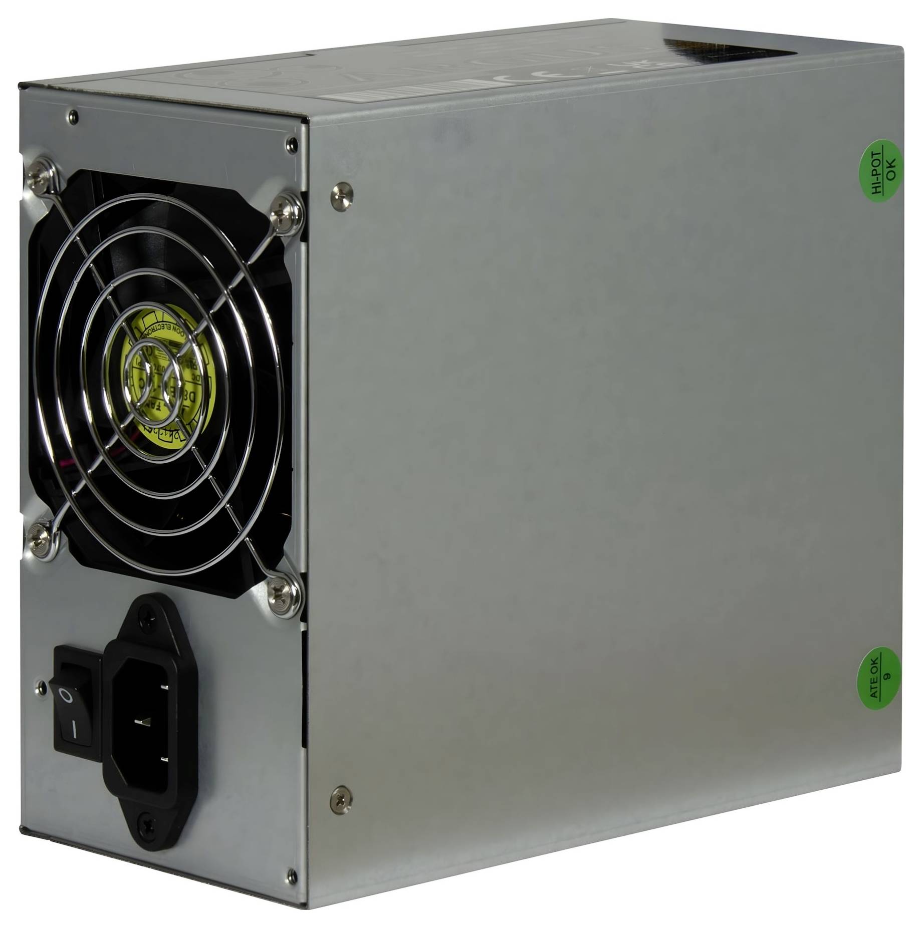 Eine Metall-Computernetzteile mit einem Kühlventilator an der Vorderseite, Netzschalter und Eingangsbuchse. Es ist rechteckig und silberfarben.