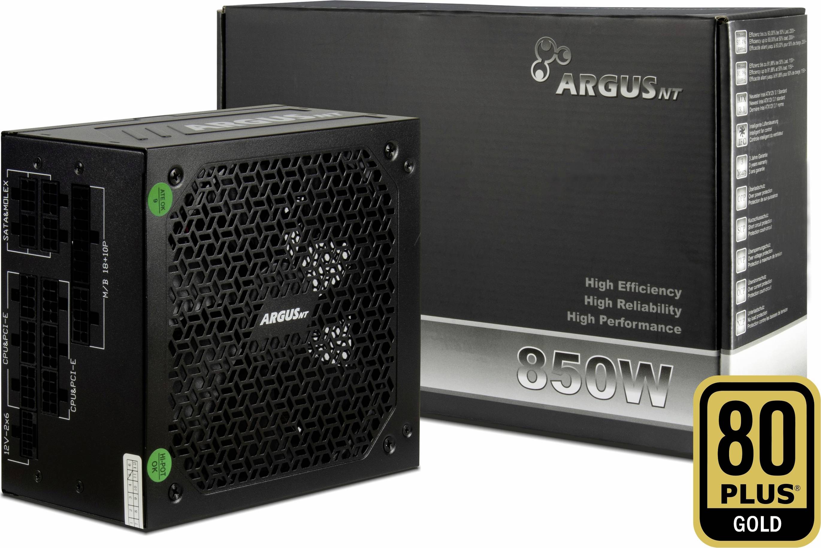 Eine schwarze 850-Watt-Argus-Stromversorgung mit ihrer Verpackung, mit dem Etikett '80 Plus Gold', was auf hohe Effizienz und Leistung hinweist.