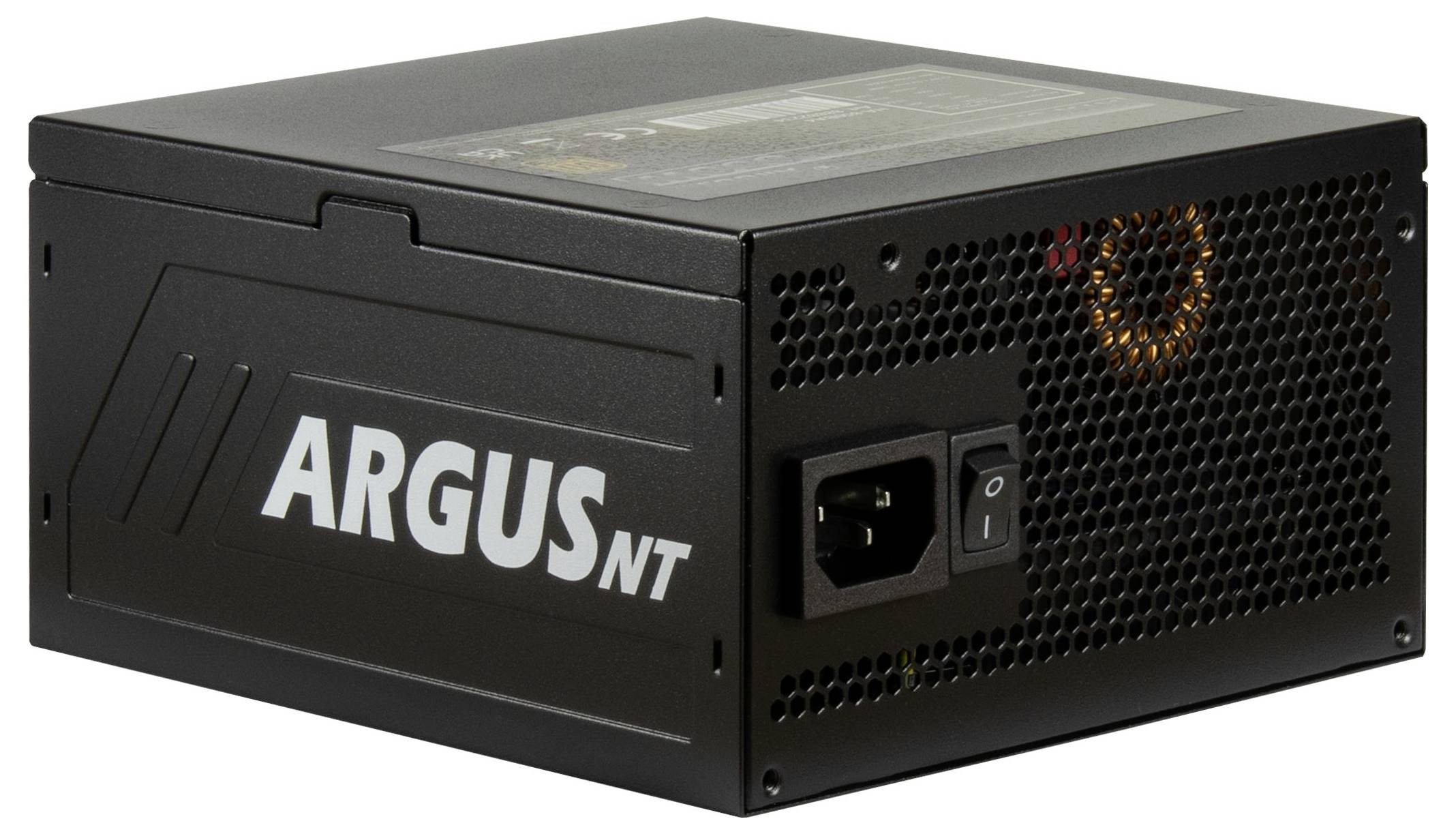 Schwarzes Computer-Netzteil mit der Bezeichnung 'ARGUS NT', ausgestattet mit einem Netzschalter, Stromanschluss und belüfteter Seite für Luftzirkulation.