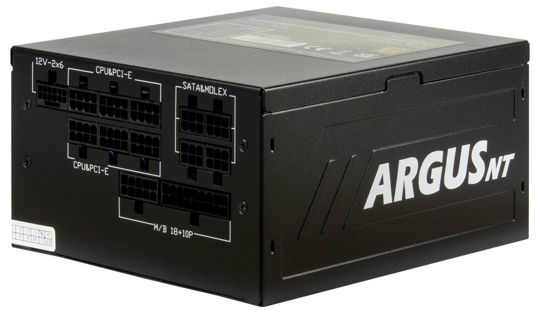 'ARGUS NT' Netzteil mit beschrifteten Eingangsbuchsen für 12V, CPU, PCI-E und SATAMODLEX. Schwarzes Gehäuse mit Markenlogo.