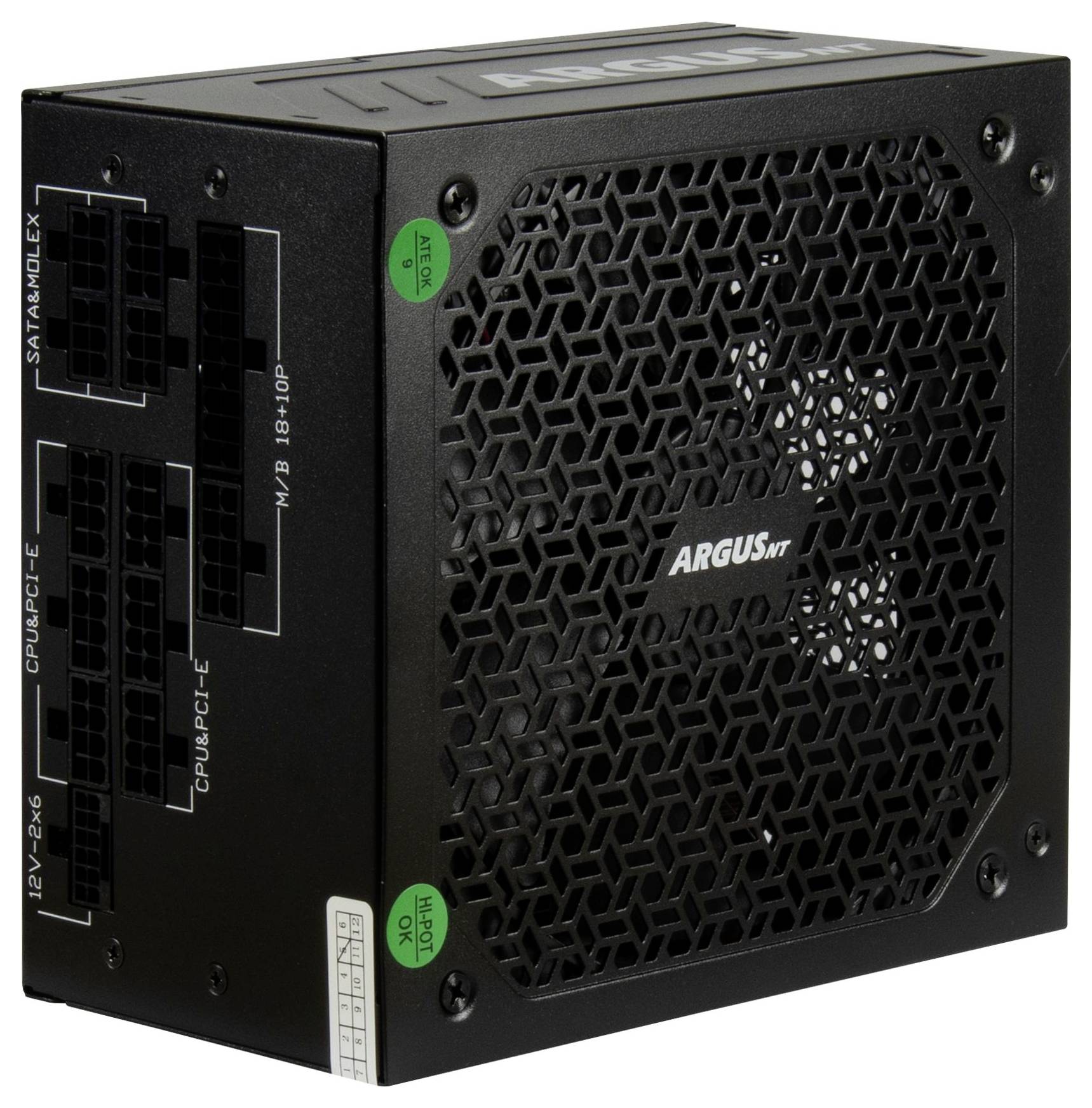 Eine schwarze Computernetzteileinheit mit mehreren Anschlussports und einem Gittermuster an der Seite, versehen mit der Markenbezeichnung 'Argus'.