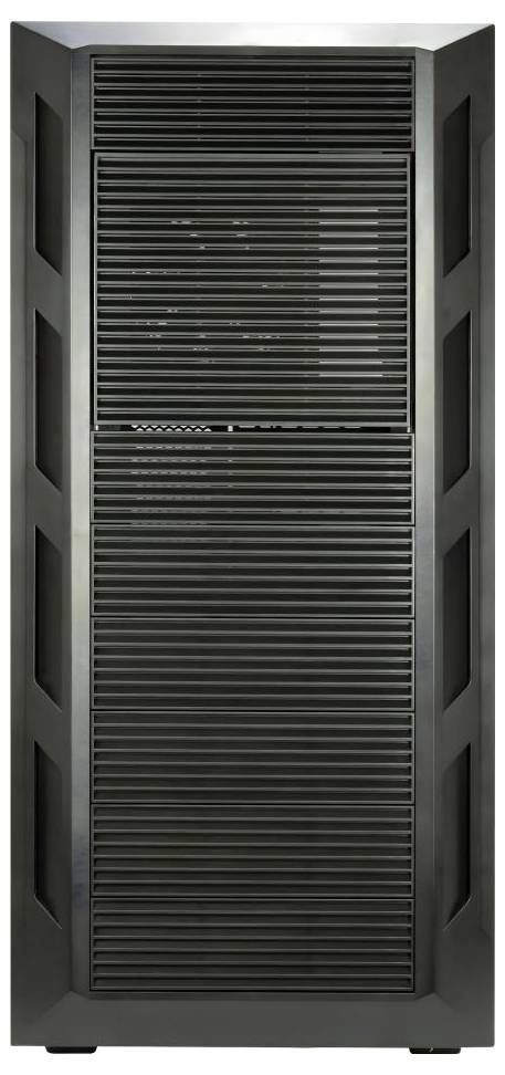 Ein großes, industrielles Servergestell mit Metallbelüftungen, das zur Unterbringung von Computerservern in Rechenzentren verwendet wird.