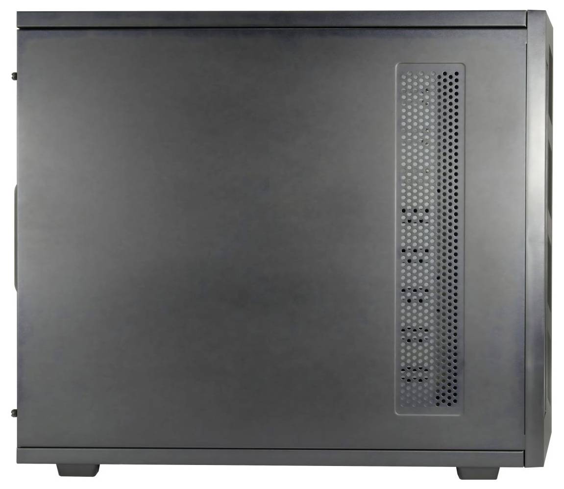 Ein schlanker schwarzer Computertower mit einer belüfteten Seitenplatte für Luftzirkulation, der aufrecht steht.