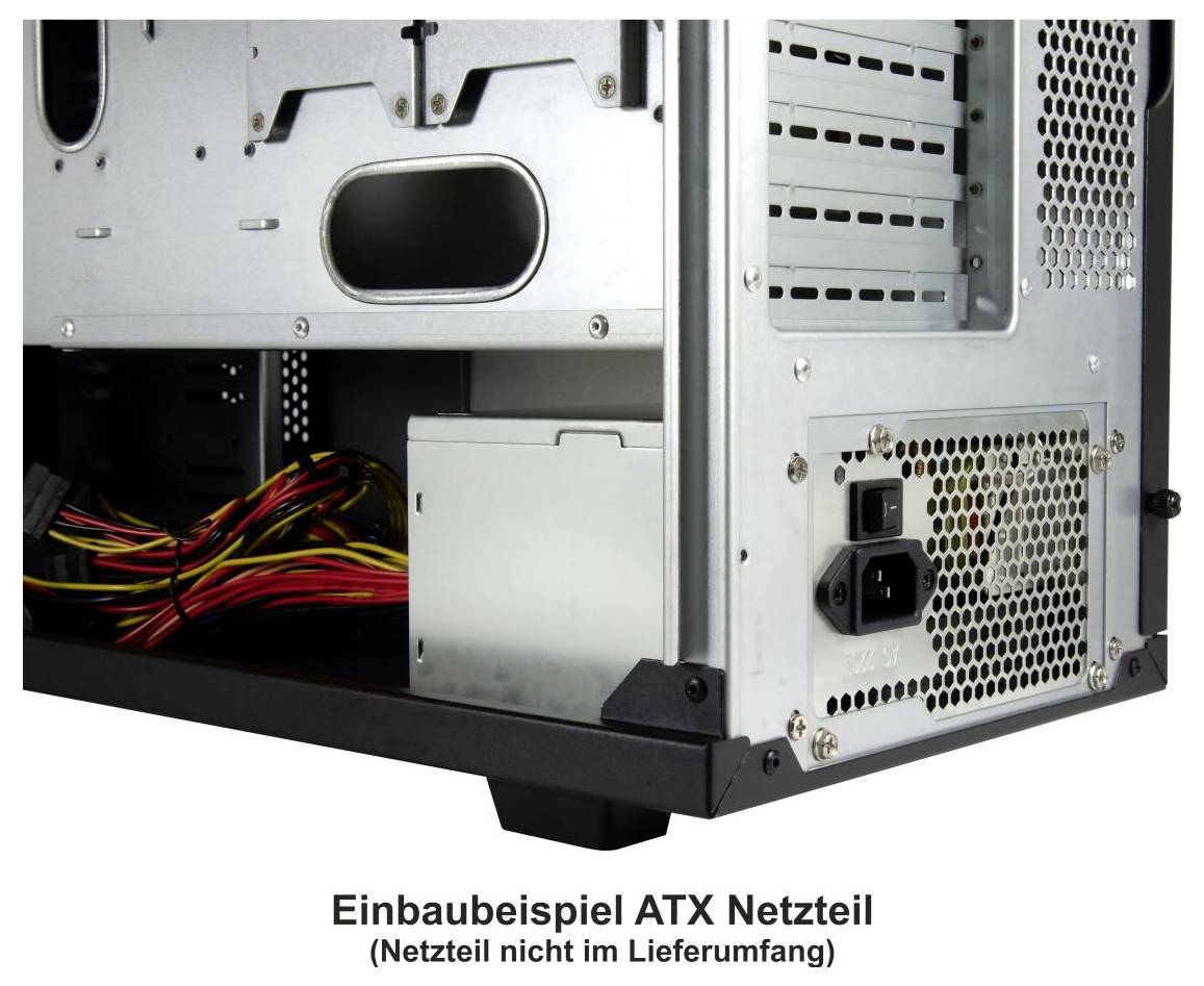 'Einbaubeispiel ATX Netzteil' mit einem Computergehäuse mit eingebautem ATX-Netzteil. Das Netzteil ist nicht im Lieferumfang enthalten.
