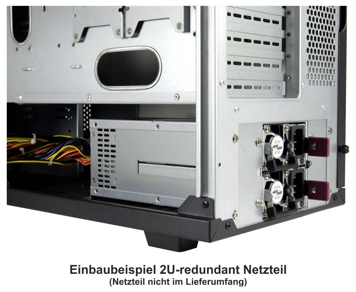 Das Bild zeigt ein redundantes 2U-Netzteil, das in einem Servergehäuse installiert ist. Kabel sind auf der linken Seite angeschlossen. Der Text lautet: 