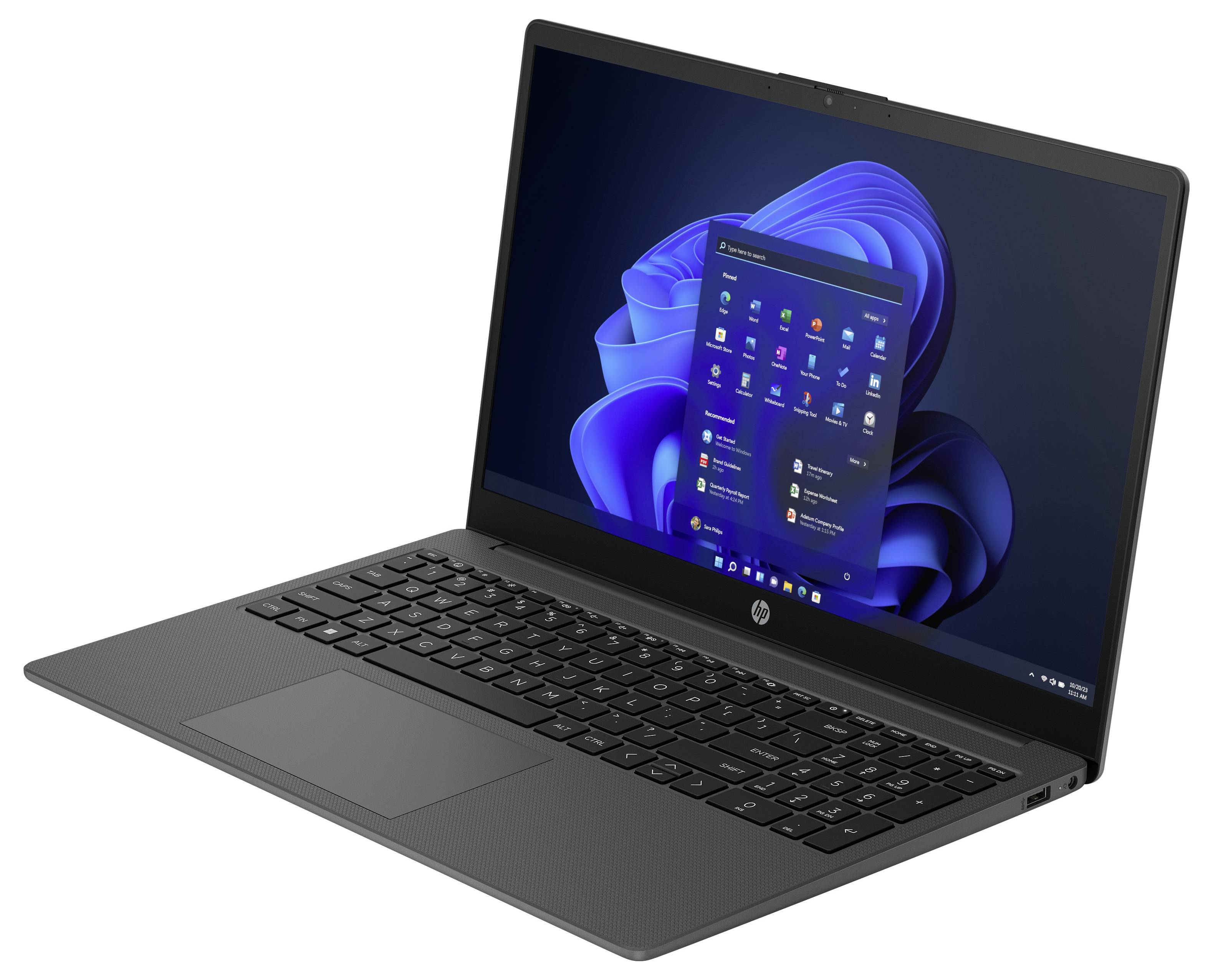 Ein schlankes Laptop, das einen Windows-Betriebssystembildschirm zeigt, mit einem Menü, das verschiedene Symbole auf blauem Hintergrund präsentiert.