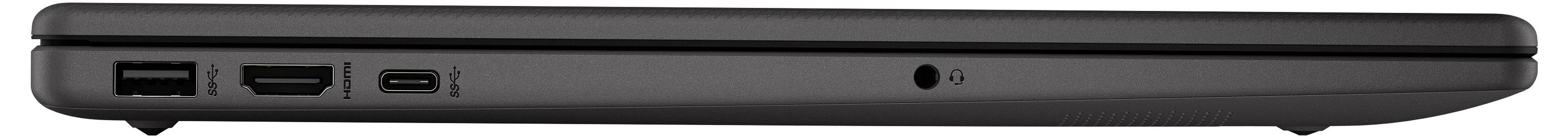 Seitenansicht eines geschlossenen schwarzen Laptops mit mehreren Anschlüssen wie USB und Kopfhörerbuchse.