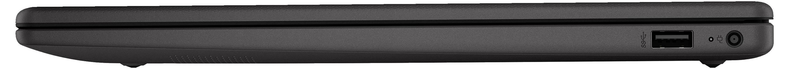 Ein geschlossener schwarzer Laptop, von der Seite betrachtet, mit sichtbarem USB-Anschluss und Einschaltknopf.