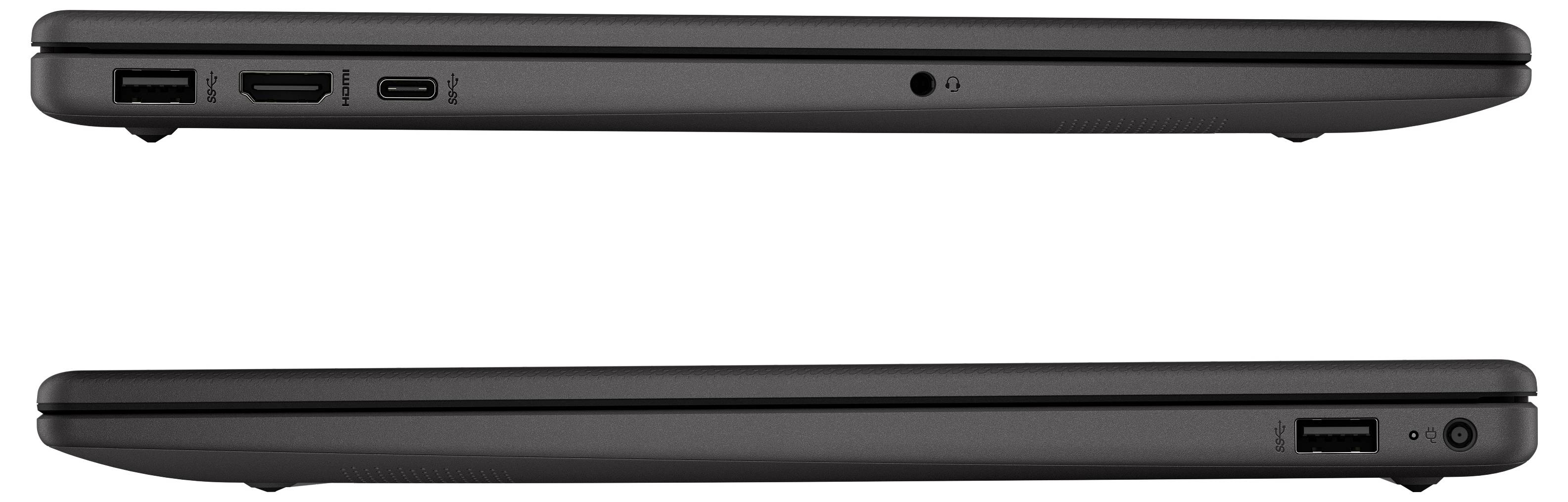 Zwei geschlossene Laptops werden von der Seite gezeigt, wobei die Anschlüsse hervorgehoben werden: USB, HDMI, USB-C und Kopfhörerbuchse auf dem oberen Laptop; USB auf dem unteren Laptop.