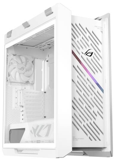 Weißes Gaming-PC-Gehäuse mit Seitenscheibe aus Glas und verstellbarer Frontabdeckung. Mit sichtbarem Kühlventilator und ROG-Logo auf der Vorderseite.