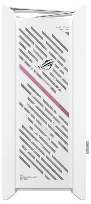 Weißes Computer-Gehäusefront-Panel mit diagonalen grauen Schlitzen, rosa Streifen und 'ROG Strix Helios' Logo in der oberen rechten Ecke.