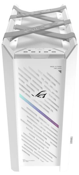 Weißer Computer-Tower mit elegantem Design, versehener Frontplatte mit diagonalem Muster, ROG-Logo und RGB-Beleuchtung.