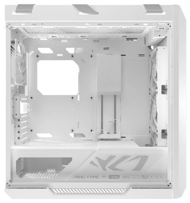 Weißes Computer-Gehäuseinnenleben mit geöffnetem Seitenpanel, das einen Lüfter, Kabelmanagement-Schlitze und den Netzteilbereich zeigt.