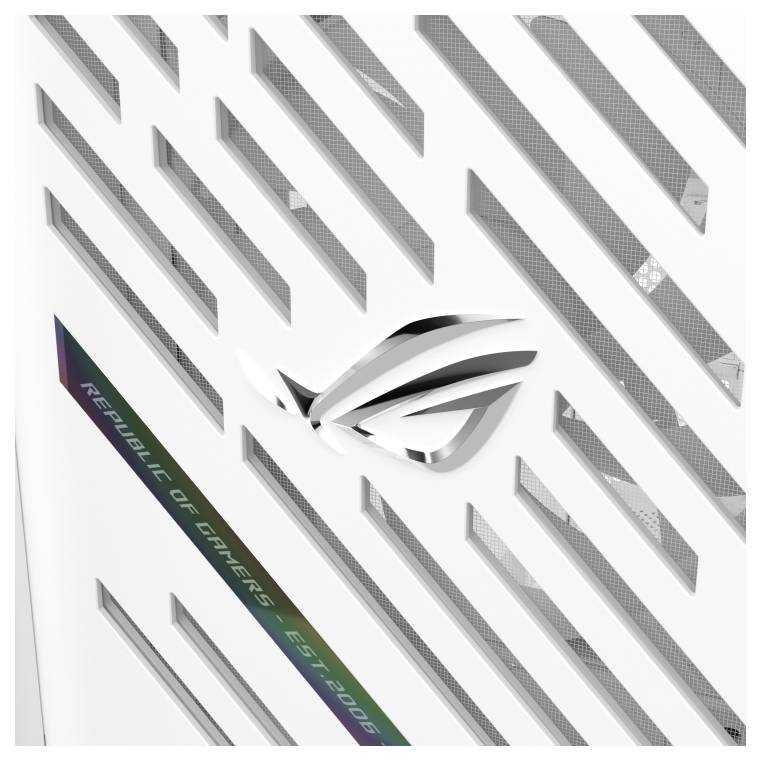 Weißes Computergehäuse mit diagonalen Lüftungsschlitzen und silbernem Logo in der Mitte. Text lautet 'Republic of Gamers - Gegr. 2006'.