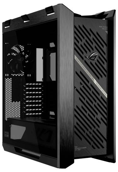 Ein schlankes schwarzes Computergehäuse mit einer transparenten Seitenscheibe, die Innenkomponenten, Belüftungsdesign und ein Front-ROG-Logo zeigt.