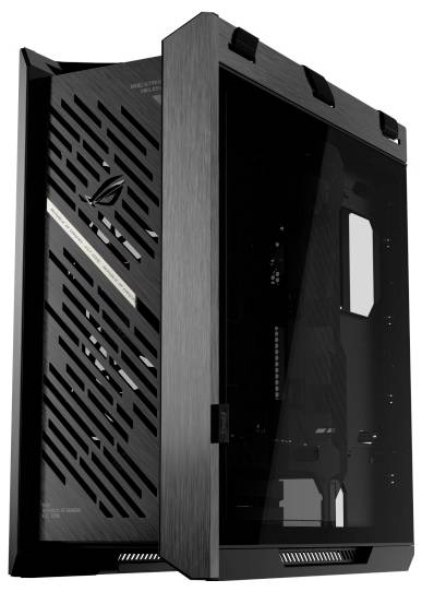 Ein schlankes, offenes schwarzes Computergehäuse mit einem transparenten Seitenfenster, das ein leeres Innenleben und eine vertikale Markierung an der vorderen Gitterblende zeigt.