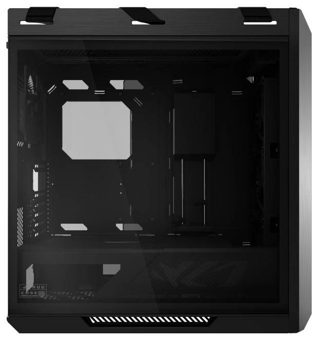 Ein schwarzes Computergehäuse mit einer transparenten Seitenscheibe, die ein leeres Innenleben zeigt, entwickelt zum Präsentieren von internen Komponenten.