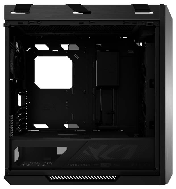 Ein schwarzes Computergehäuse mit einer offenen Seite, die den Innenraum für Hardwarekomponenten zeigt, einschließlich Befestigungsbereichen für ein Mainboard und ein Netzteil.