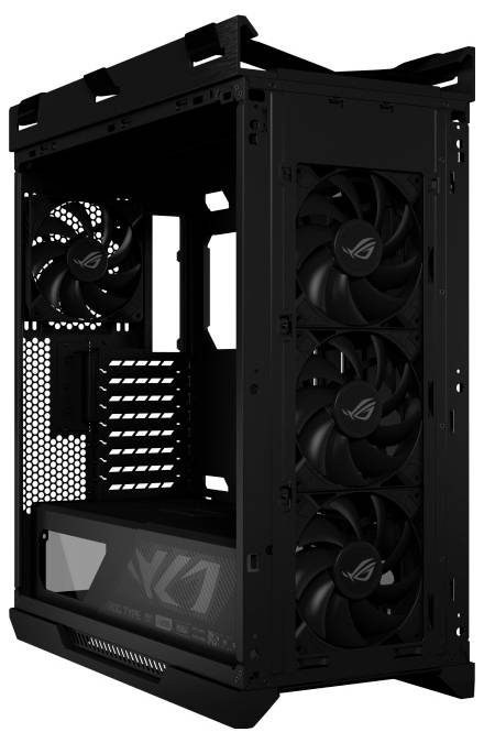 Ein schwarzes Computergehäuse mit mehreren Kühlventilatoren und einem transparenten Seitenfenster, entwickelt für High-Performance- oder Gaming-Setups.