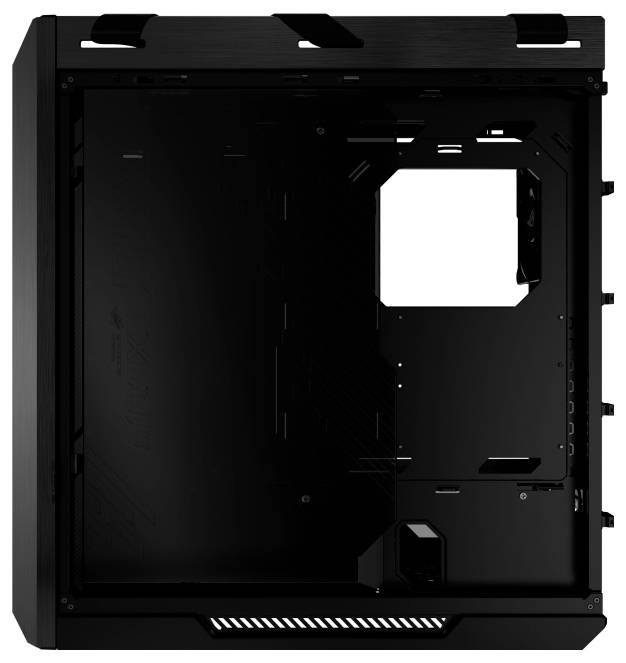 Ein schwarzes Computergehäuse mit einer offenen Seitenklappe, das Halterungsmerkmale für Komponenten wie das Mainboard und Laufwerke präsentiert.