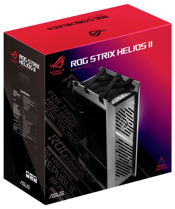 Das Bild zeigt die Verpackung für das Gaming-Gehäuse 'ROG Strix Helios II' in Schwarz, wobei das Produkt auf der Vorderseite präsentiert wird.