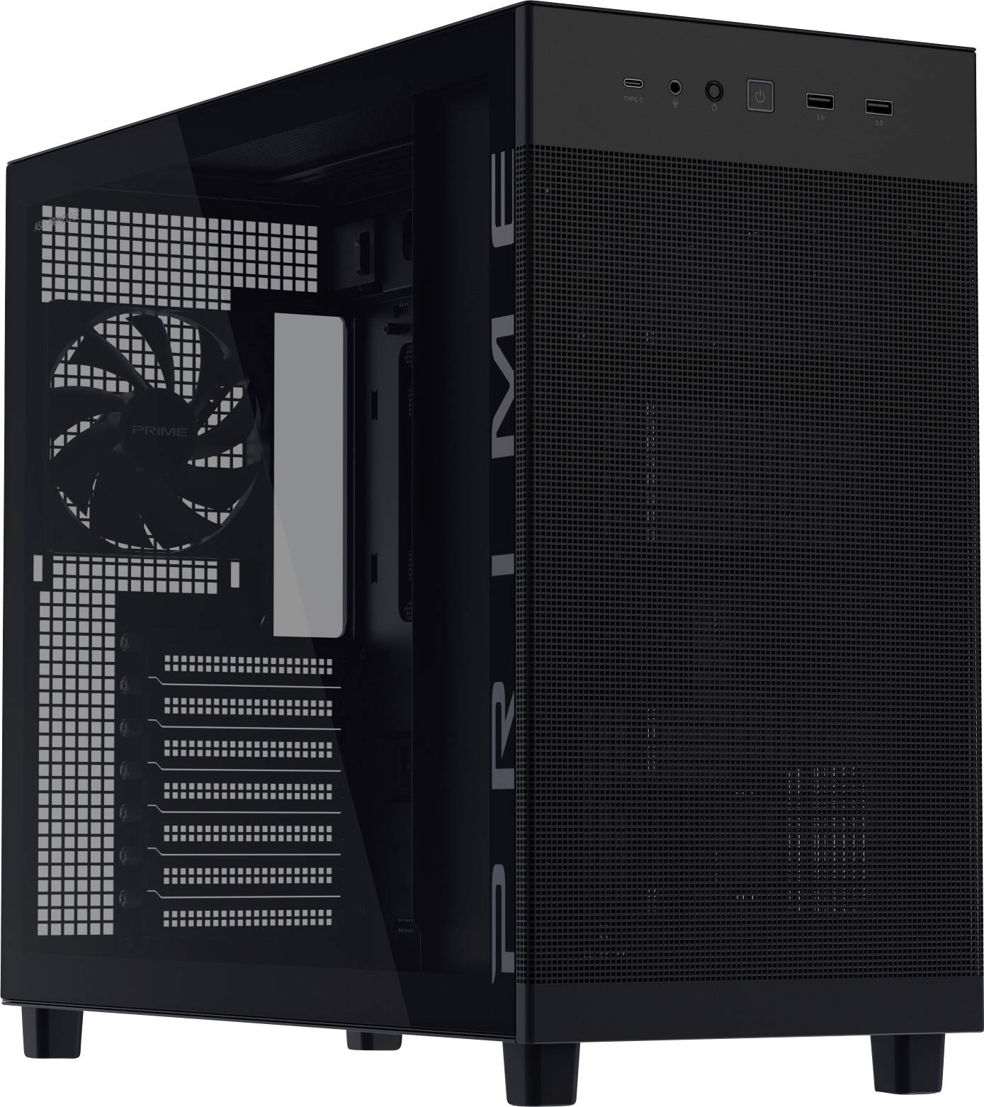 Schwarzes Computergehäuse mit seitlicher Belüftung und einem vorderen Meshpanel, ausgestattet mit mehreren USB-Anschlüssen auf der Oberseite. Ideal für Gaming-Setups.