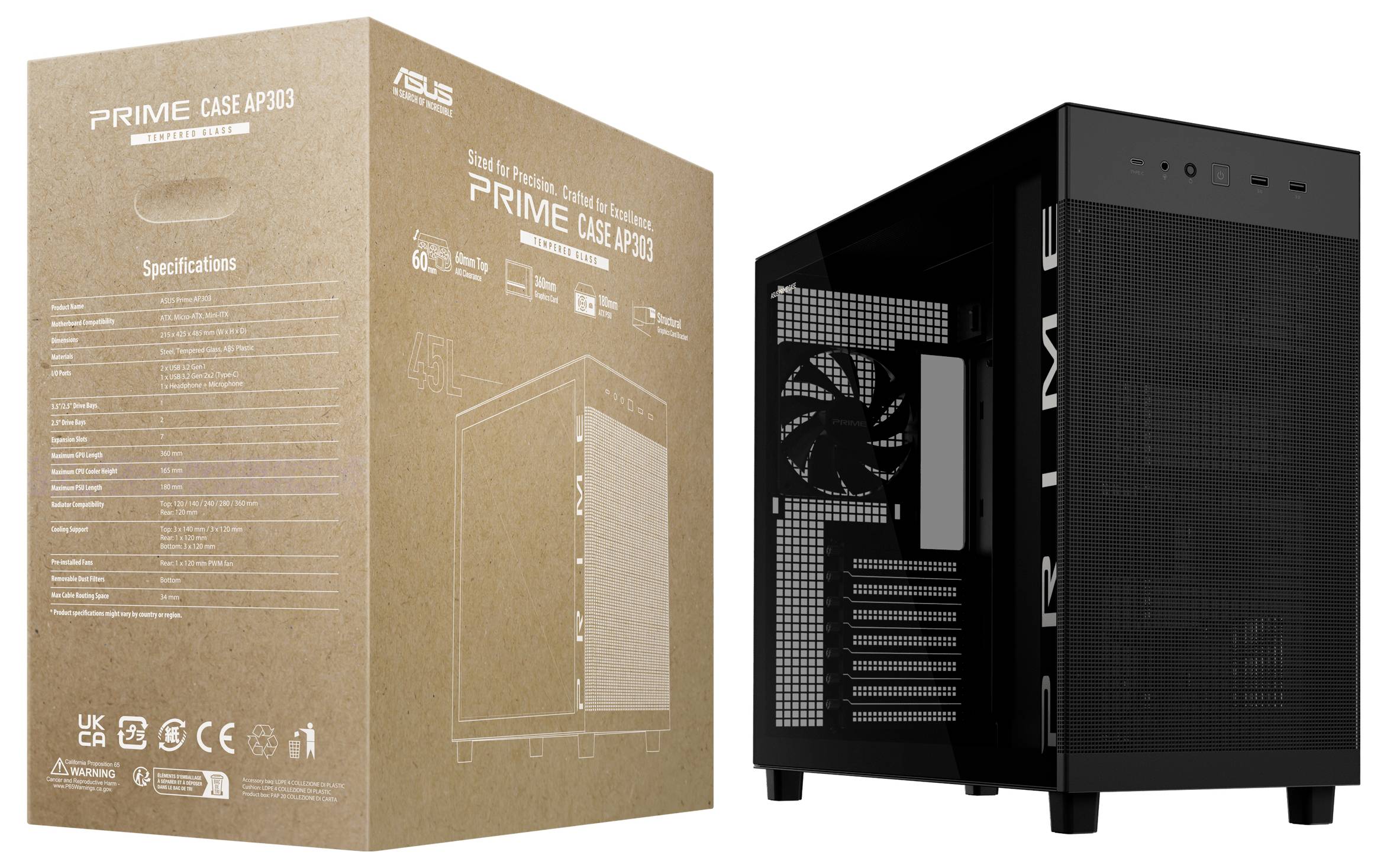 Ein Computergehäuse neben seiner Verpackung. Die Verpackung listet die Spezifikationen auf, während das Gehäuse eine Mesh-Frontseite und sichtbare Lüfter aufweist.