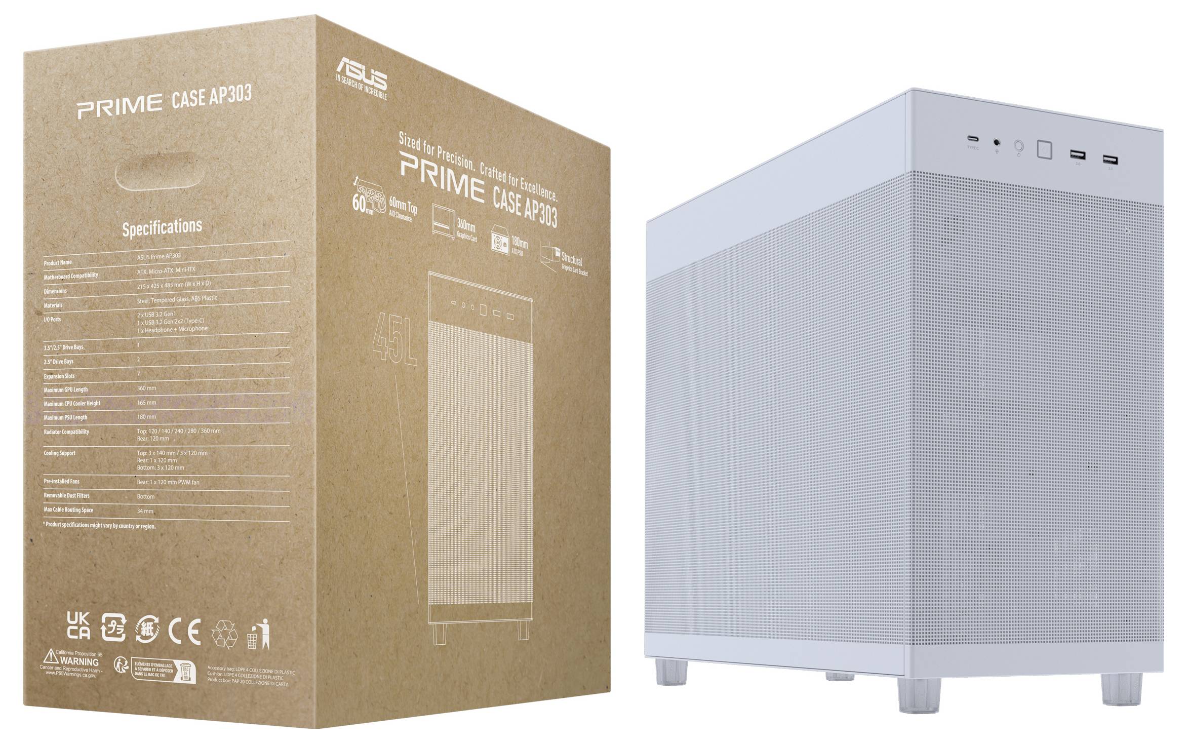 Weißes ASUS Prime Gehäuse AP201 neben seiner braunen Verpackung, auf der Produktspezifikationen und Branding zu sehen sind.