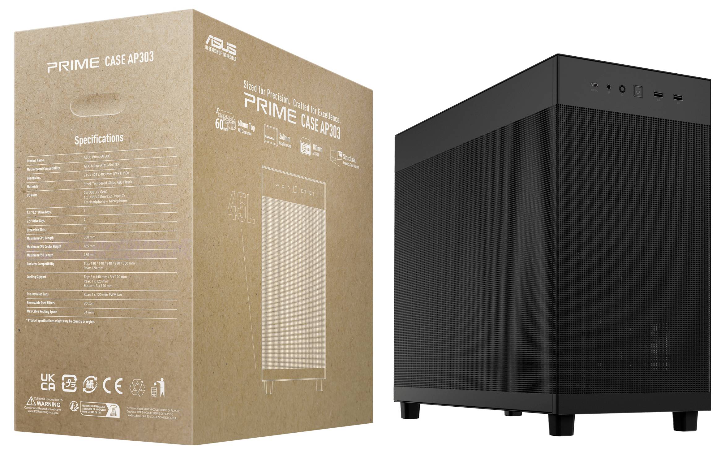 Eine schwarze PC-Gehäuse neben seiner Verpackungsbox, beschriftet mit 'PRIME CASE AP201'. Die Box enthält Spezifikationen und Merkmale des Gehäuses.
