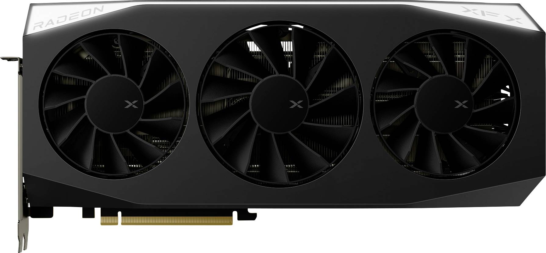 Eine schwarze Grafikkarte mit drei großen Kühlventilatoren, Metallgehäuse und sichtbarer 'Radeon' und 'XFX' Markierung an der Seite und Oberseite.