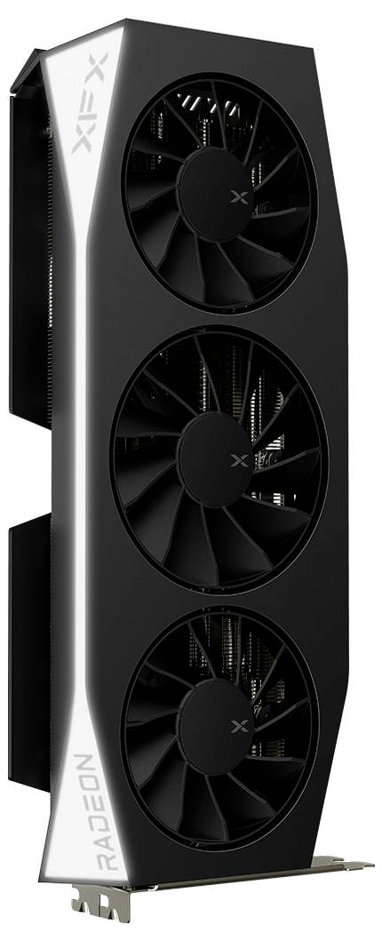 Eine schwarze Grafikkarte mit drei Kühlventilatoren, seitlich mit 'XFX' und 'Radeon' gekennzeichnet, die für High-Performance-Computing entwickelt wurde.
