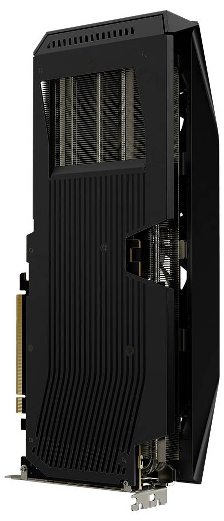 Eine schwarze Grafikkarte, senkrecht ausgerichtet, die ihre Kühlrippen und die metallene Rückseite offenbart. Sie wirkt modern und hochleistungsfähig.