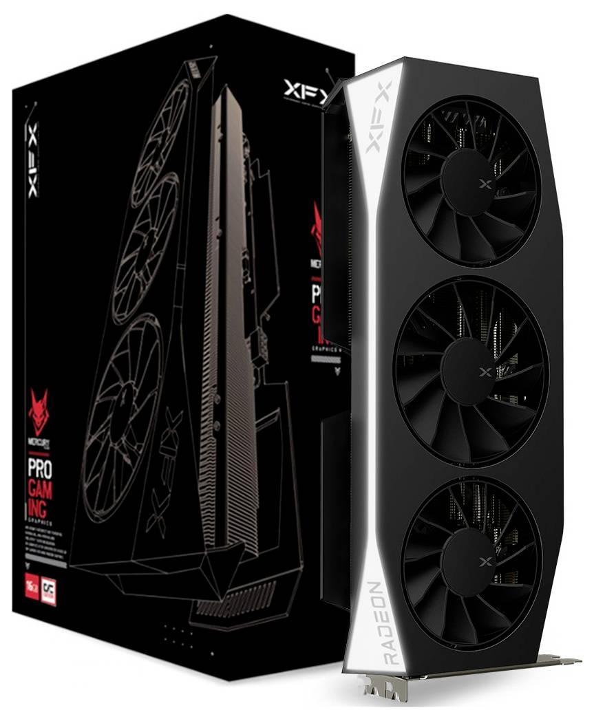 Eine Grafikkarte in einer Verpackung mit drei großen Kühlventilatoren, sichtbar und mit dem Markennamen 'Radeon'.