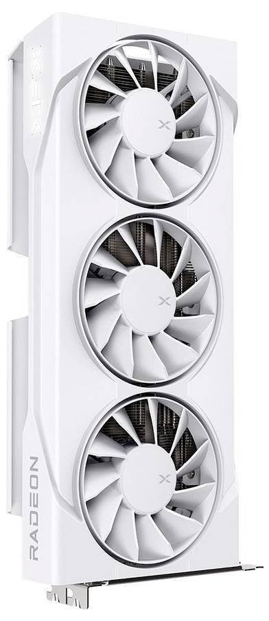 Eine weiße Grafikkarte mit drei großen Kühlventilatoren, an deren Seite das 'Radeon' Logo angebracht ist.