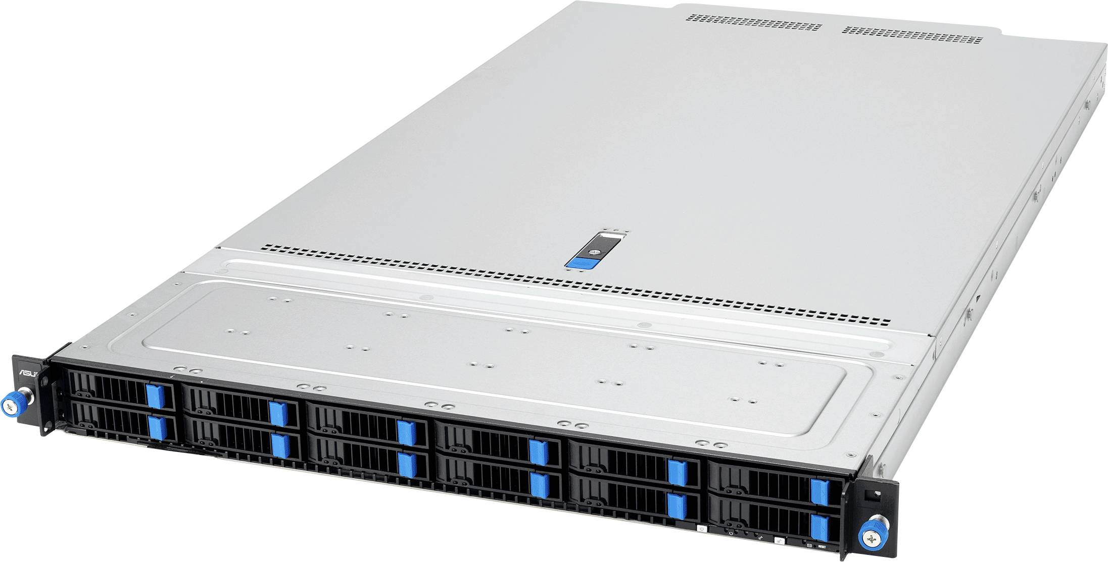 Ein Metall-Server-Rack-Gehäuse mit elegantem Design, das mehrere Laufwerksbuchten und blaue Verriegelungsakzente aufweist und sich für Datenspeicherung eignet.