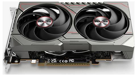 Eine Grafikkarte mit Doppellüftern, elegantem Metalldesign und mehreren Anschlüssen für Konnektivität, optimiert für High-Performance-Computing.