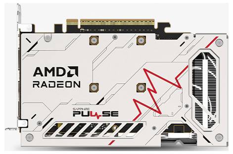 Grafikkarte mit 'AMD Radeon' und 'Sapphire Pulse' Branding, mit einem weißen und roten geometrischen Design und sichtbarem Kühlventilator.