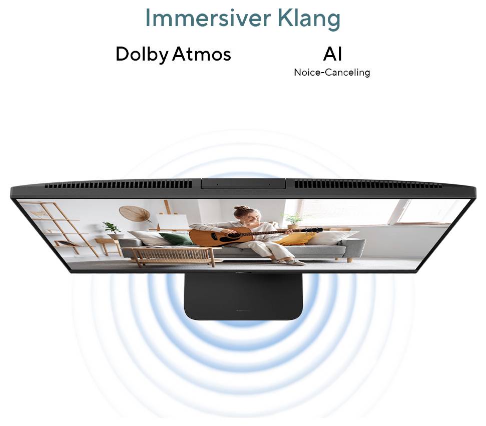 Ein Fernseher, der eine Person zeigt, die in einem Raum Gitarre spielt. Bildunterschrift oben liest sich: Immersiver Klang, Dolby Atmos, KI-Rauschunterdrückung.