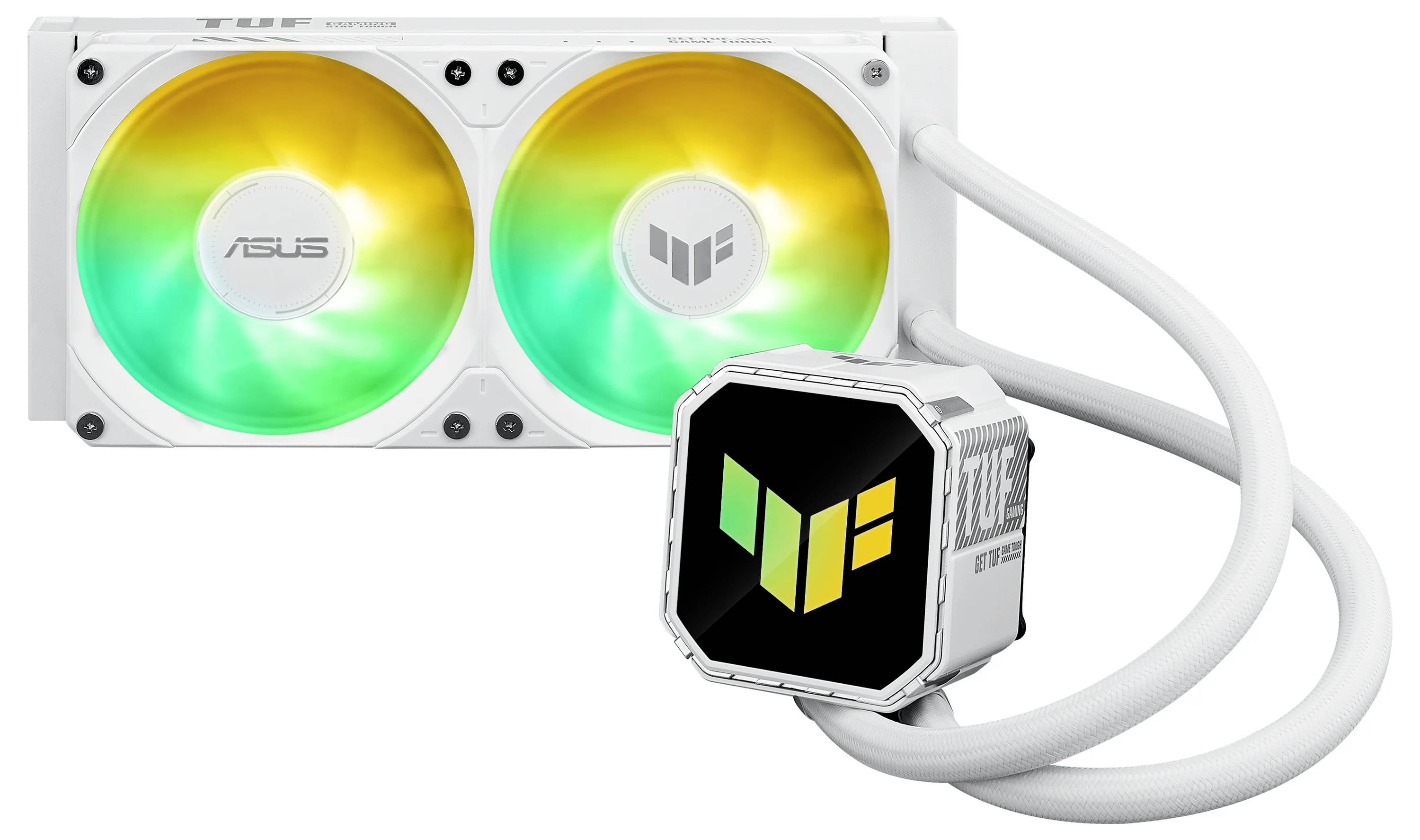 Ein weißer ASUS TUF Gaming PC-Flüssigkeitskühler mit zwei RGB-Lüftern, die in Grün und Gelb leuchten, durch weiße Schläuche mit einem Wasserblock verbunden.