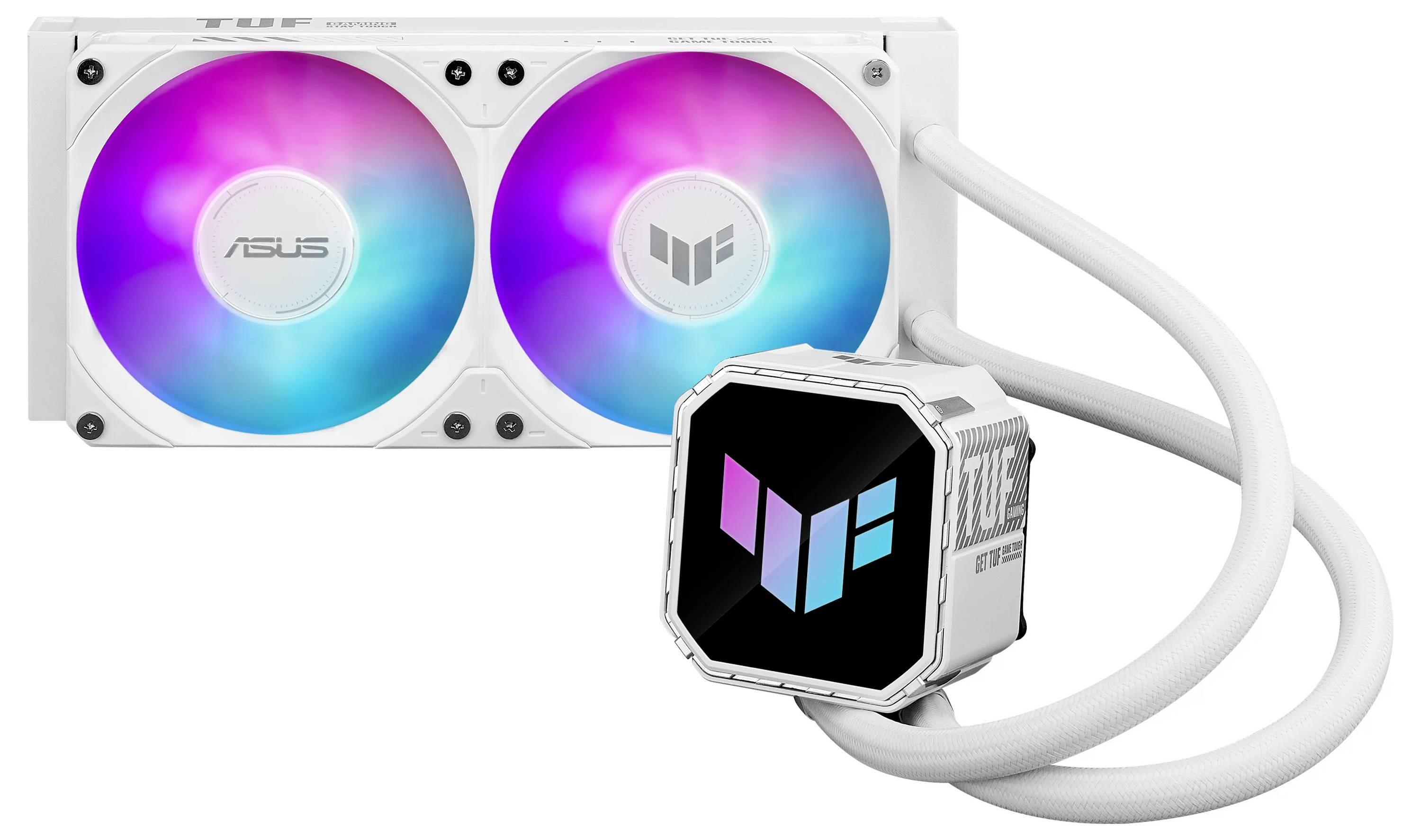 Ein weißer Dual-Fan Wasserkühler für CPUs mit RGB-Beleuchtung und einem beleuchteten Pumpendeckel. Die Lüfter zeigen einen Farbverlauf von Rosa, Violett und Blau.