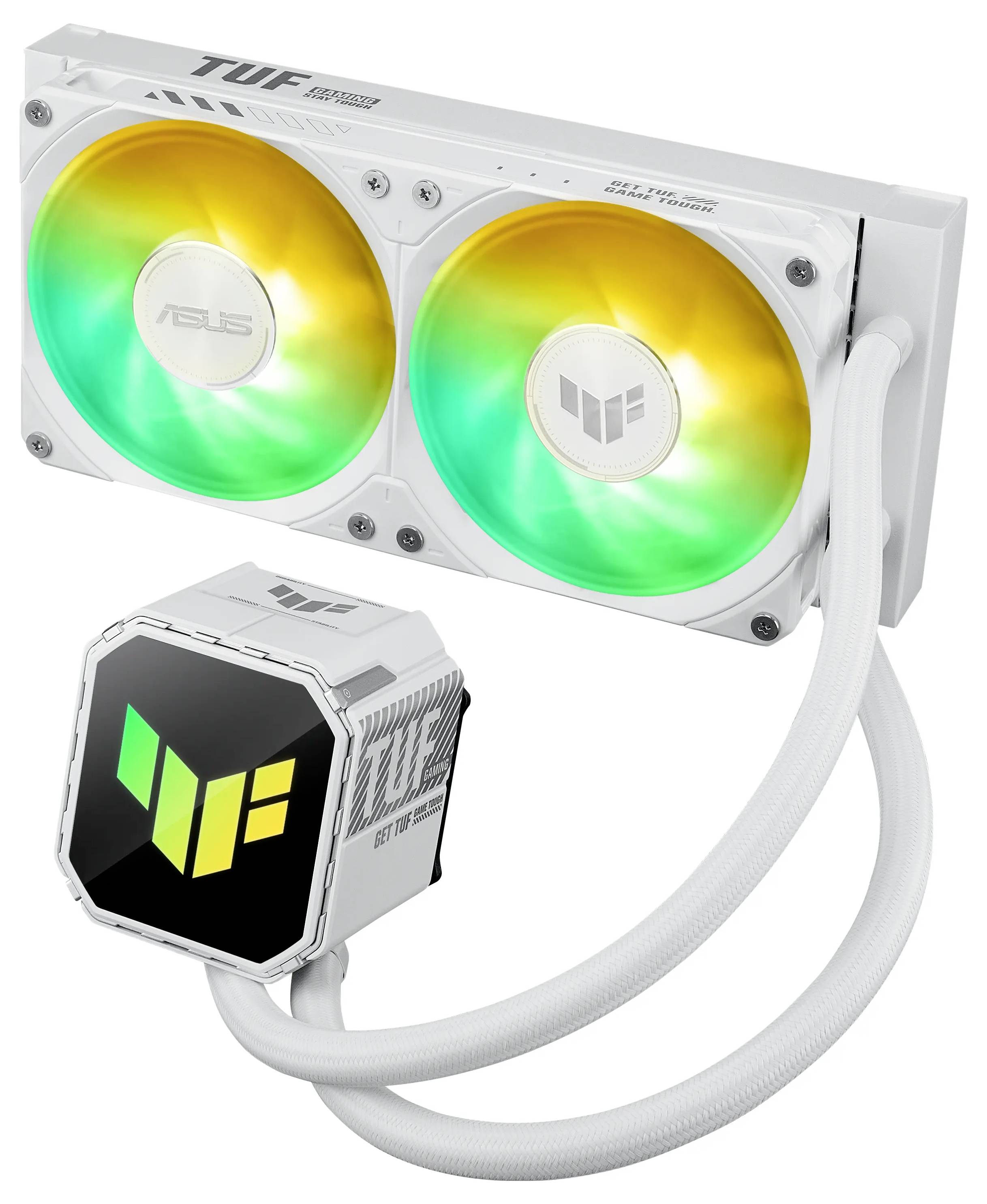 Dual-Lüfter-Radiator mit LED-Beleuchtung, mit der Bezeichnung ‚TUF Gaming' von ASUS, ausgestattet mit einem Pumpenblock mit Branding und weißer Kühlmittelleitung für die PC-Kühlung.
