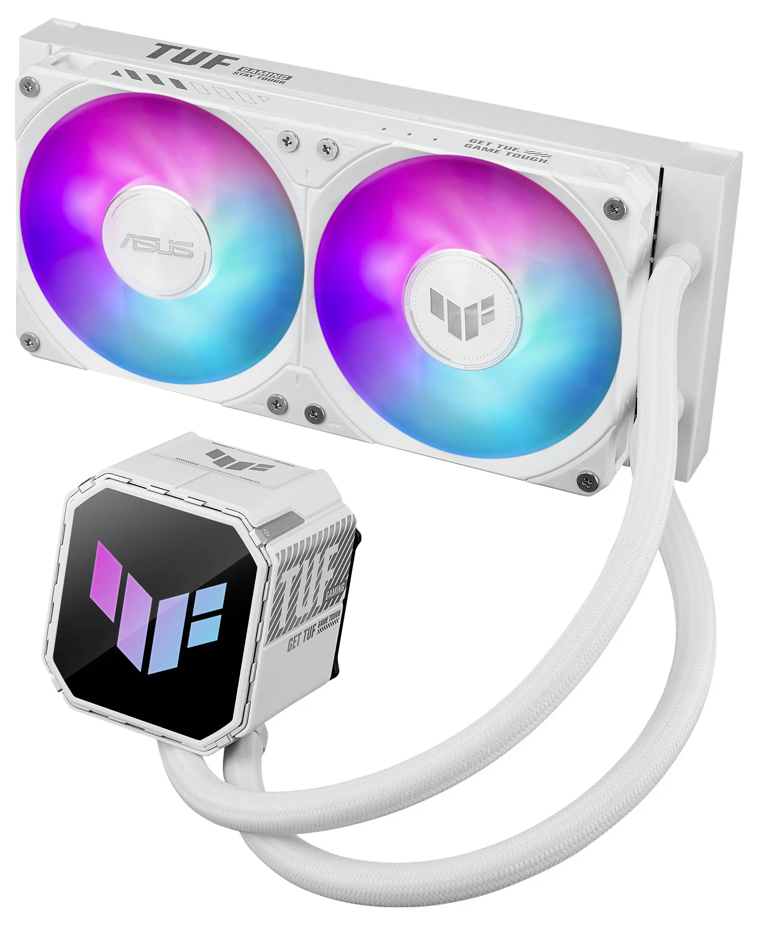 ASUS TUF Gaming Flüssigkühlsystem mit zwei RGB-beleuchteten Lüftern und einer Pumpe mit dem TUF-Logo, entwickelt zur Computerkühlung.
