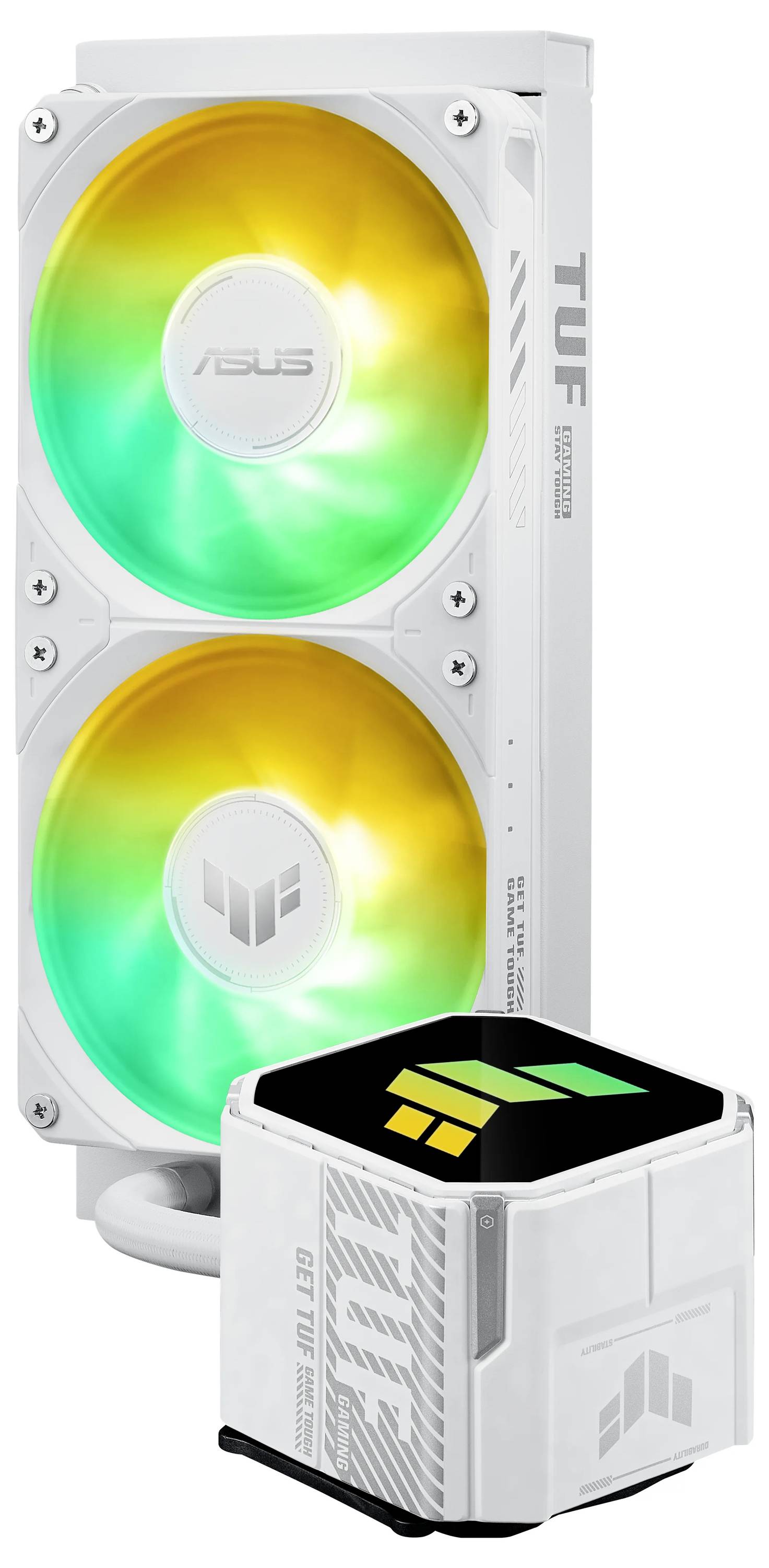 'ASUS TUF Gaming LC ARGB White Edition' verfügt über zwei beleuchtete Lüfter in Grün und Gelb mit einem leuchtenden, logogeschmückten Würfel.