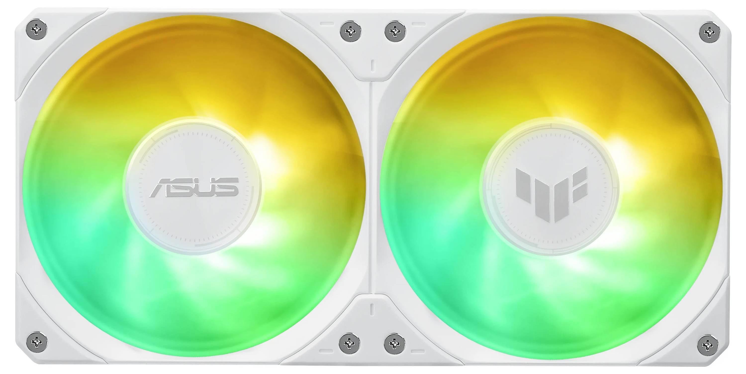 Doppellüfter-Computerkomponente mit grüner und gelber LED-Beleuchtung, mit dem ASUS-Logo auf dem linken Lüfter und einem weiteren Symbol auf dem rechten Lüfter.