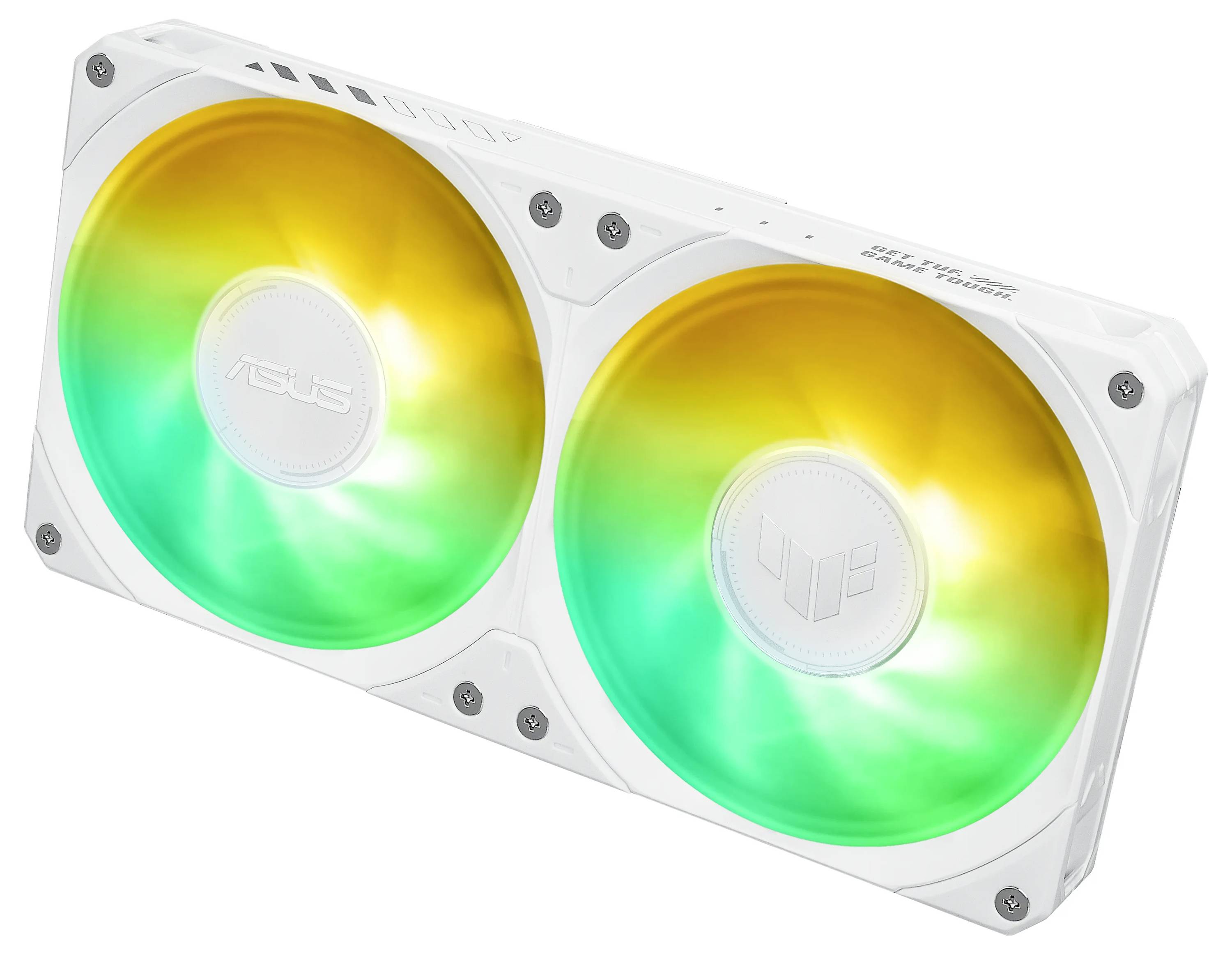 Ein weißer ASUS-Computerlüfter mit zwei großen beleuchteten Rotorblättern, der einen Farbverlauf von Gelb zu Grün zeigt. Er trägt das TUF Gaming-Logo.