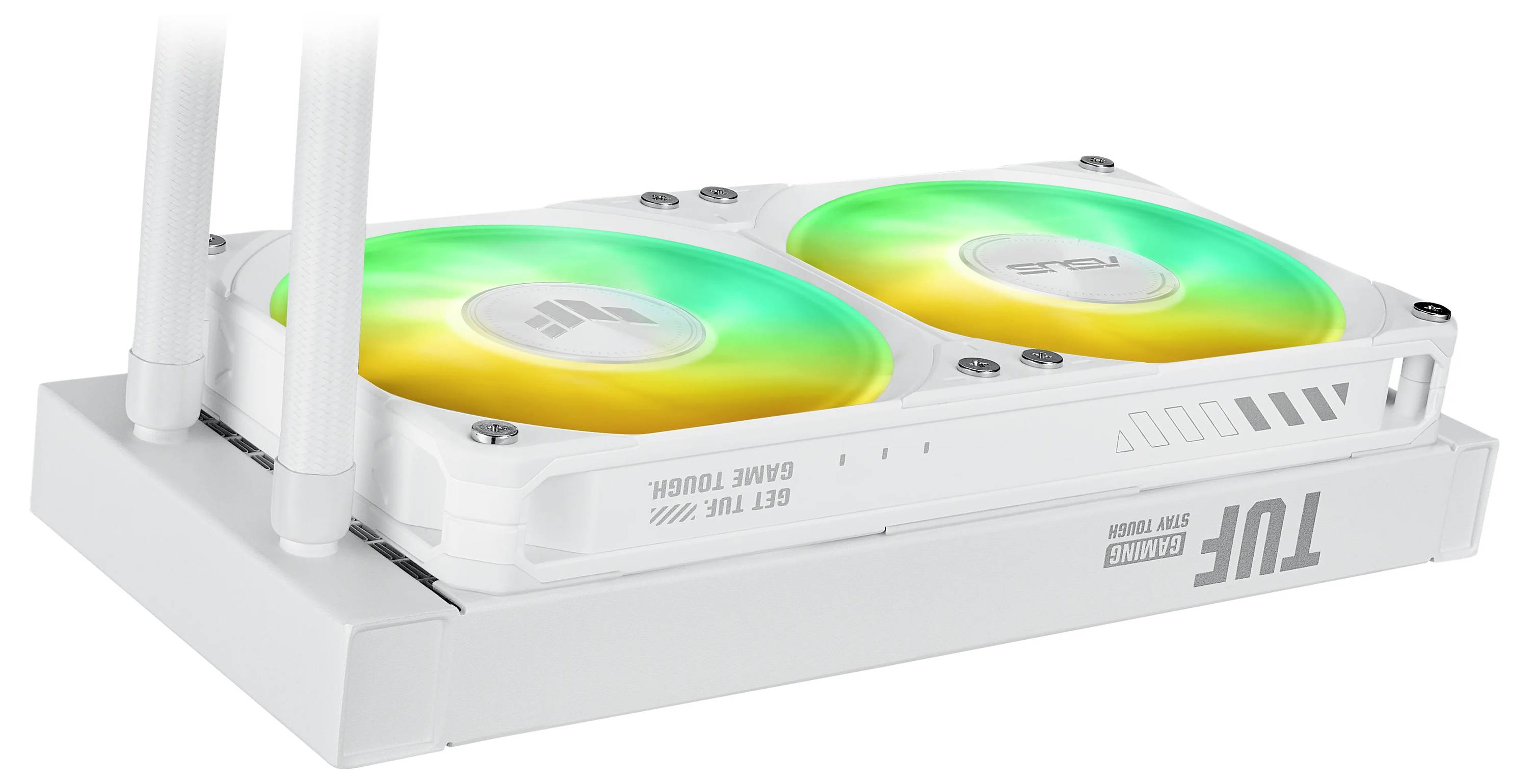 Weißes Computer-Kühlsystem mit zwei LED-Lüftern, die grünes und gelbes Licht abstrahlen. Das Gerät hat den Text 'TUF Gaming' an der Seite.