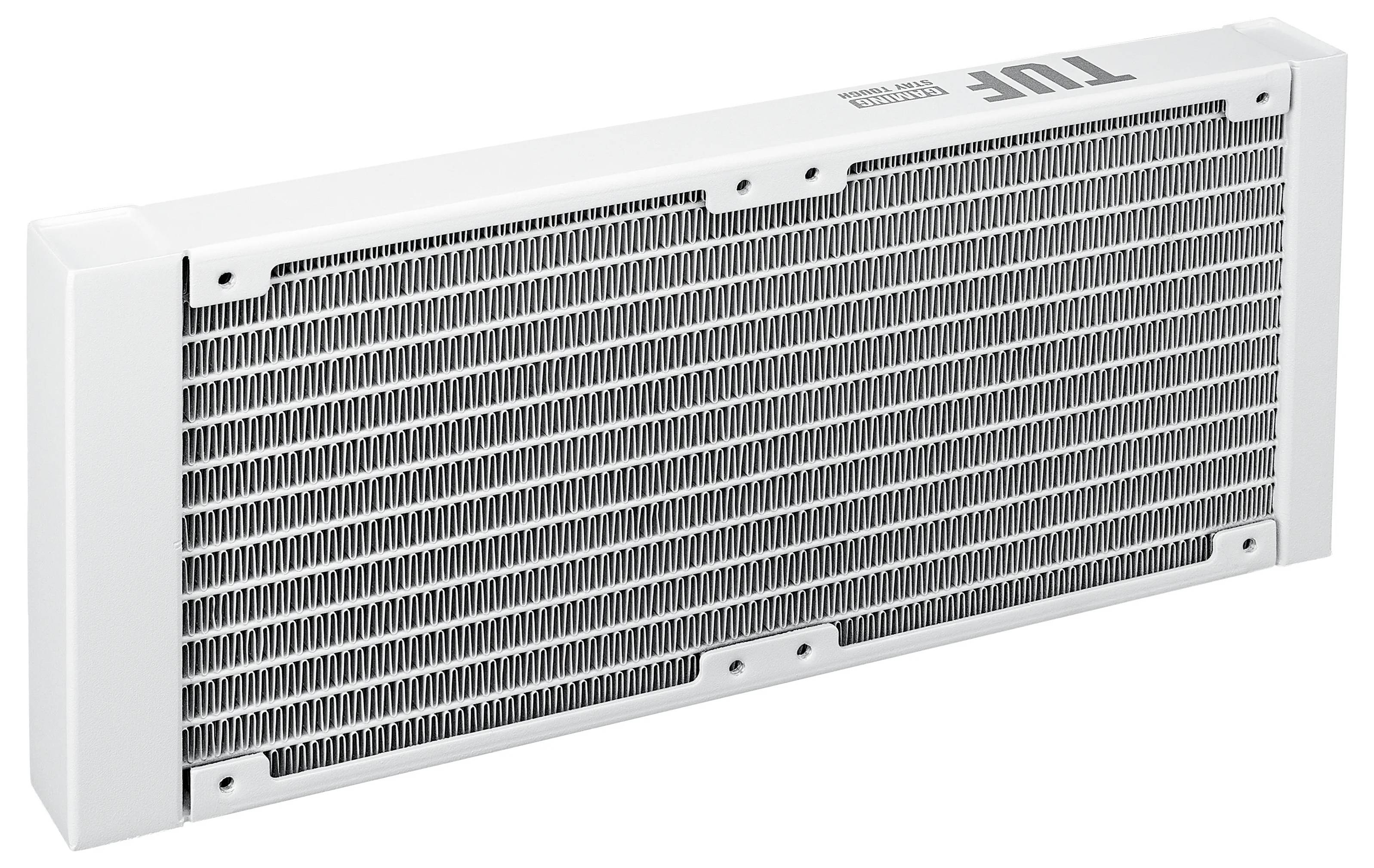 Weißer rechteckiger Heizkörper mit Gittermuster, zur Wandmontage konzipiert, auf der oberen Kante mit 'TUF' beschriftet.