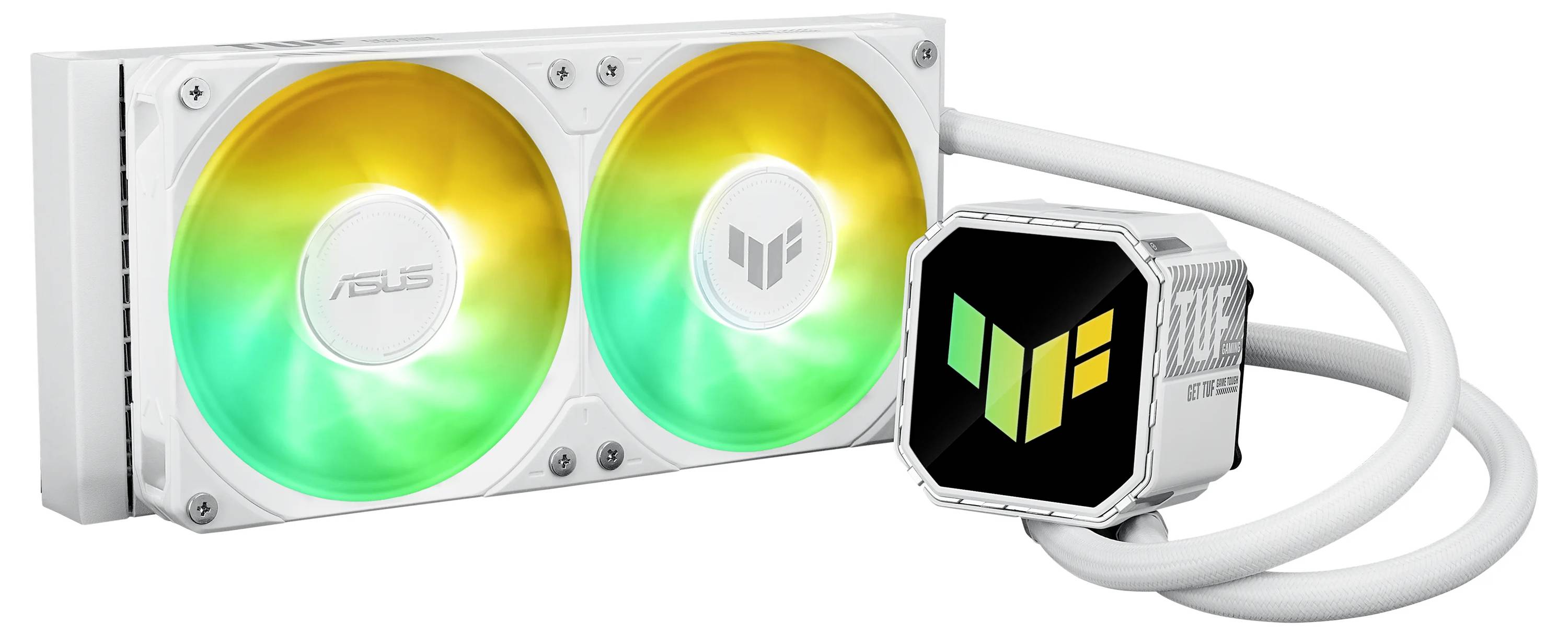 Ein weißes Computerkühlung mit zwei Lüftern in gelber und grüner Beleuchtung, versehen mit Logos auf den Lüftern und der Pumpe, verbunden durch weiße Schläuche.