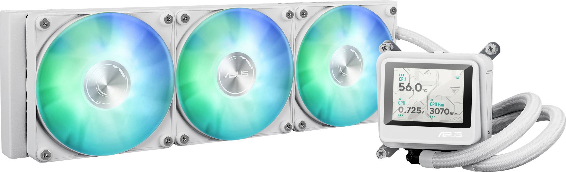 Ein weißes Computerkühsystem mit drei RGB-Lüftern und einem digitalen Display, das Temperatur, Lüfterdrehzahl und Pumpenleistungsmetriken anzeigt.