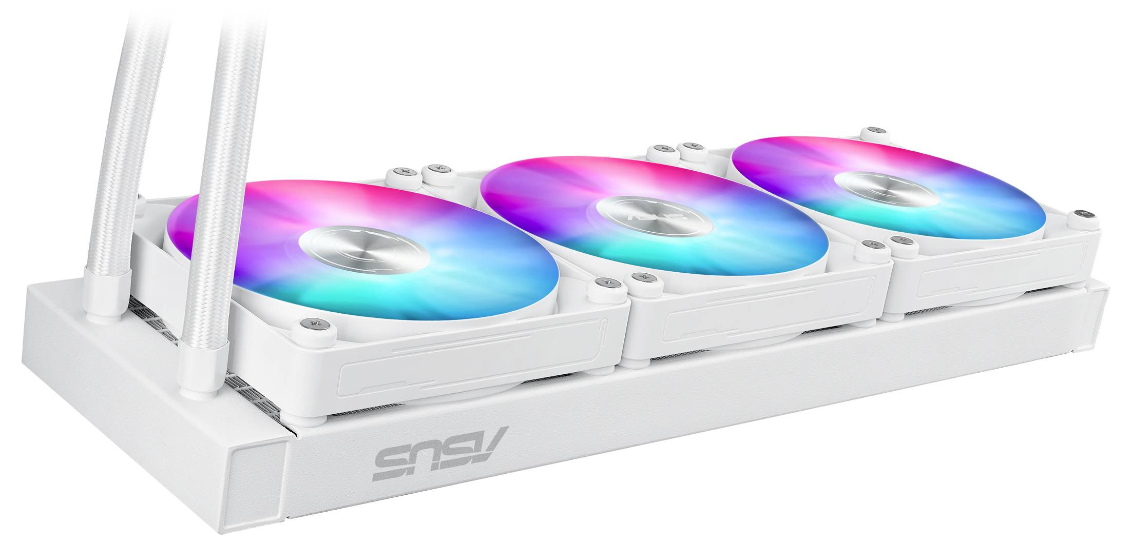 Ein weißes Computer-Kühlsystem mit drei farbenfrohen LED-Lüftern, die in Nuancen von Rosa und Blau leuchten, entwickelt für eine verbesserte Leistung.